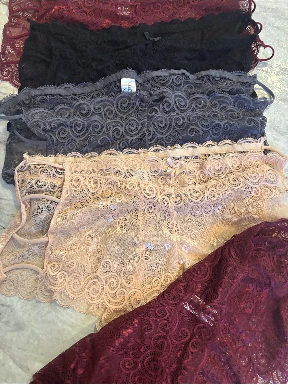 NWT! 5 Pc Kiss Lace Silky Bikini Briefs in Burgundy, Black, Gray & Cream